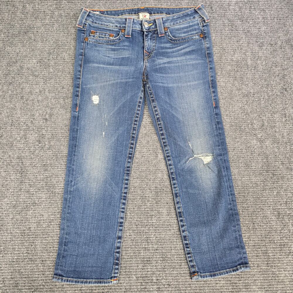 True Religion Lizzy Jeans Womens 32 Blue Cropped Straight Distressed USA